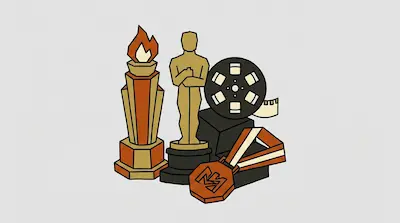 A collection of stylized awards including a torch trophy, a gold humanoid statue, a film reel, and a medal.