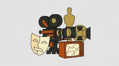 A collection of film and theater icons including a vintage movie camera, a theater mask, a gold statuette, a film reel, and a television set.