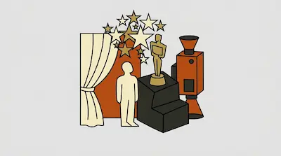 A gold award statue on a pedestal is surrounded by a human silhouette, a movie camera, a stage curtain, and a cluster of stars.