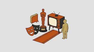 A vintage television, a trophy, theater masks, a speech bubble, and a human figure are arranged around a red carpet.