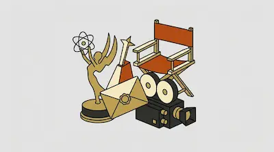 A director's chair, a movie camera, an envelope, and two award trophies in an isometric style.