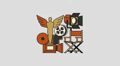 A winged trophy, movie camera, film reel, director's chair, and studio light are arranged in a cluster.