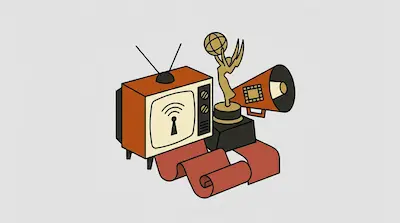 A vintage television, a golden award statue, and a megaphone sit atop a red carpet.
