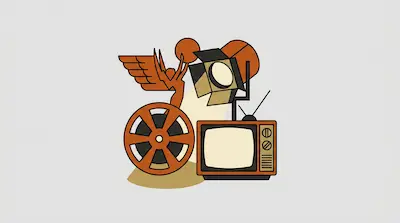 A winged statue stands on a film reel beside a vintage television and a studio light.