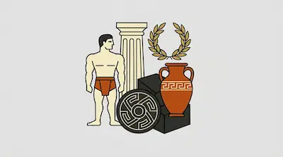 A muscular man in a loincloth stands next to a fluted column, a laurel wreath, a patterned shield, and a terracotta vase.