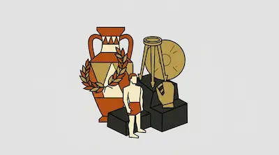 A stylized graphic of an amphora with a laurel wreath, a human figure on a pedestal, a tripod, a shield, and a boxing glove.