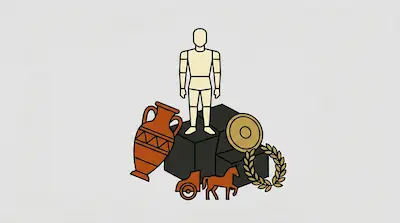 A minimalist human figure stands on a dark pedestal surrounded by an amphora, a shield, a laurel wreath, and a horse-drawn chariot.
