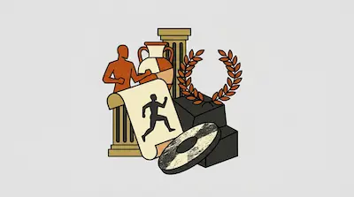 A collection of objects including a human silhouette, a vase, columns, a laurel wreath, a scroll with a running figure, and a discus.