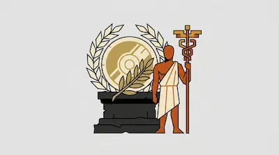 A figure in a white toga stands next to a large gold medallion framed by a laurel wreath on a dark pedestal.