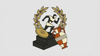 A geometric runner stands on a podium within a laurel wreath, next to a large coin and a Greek amphora.
