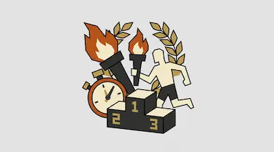 A podium with numbers one through three, a stopwatch, two lit torches, a laurel wreath, and a running figure.
