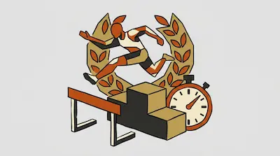 A stylized runner leaps over a hurdle, surrounded by a laurel wreath, a winner's podium, and a stopwatch.