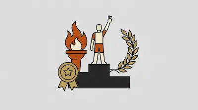 A person stands on a podium with one arm raised, flanked by a flaming torch, a gold medal, and a laurel wreath.