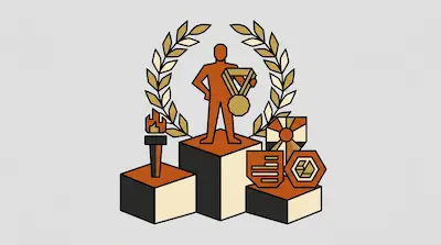 A figure stands on the highest tier of a podium holding a medal, framed by a laurel wreath with a torch and badges on the side tiers.
