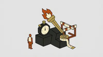 A person stands next to a large stopwatch, torch, hurdle, and measuring tape arranged on blocks.