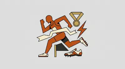 A stylized geometric runner crosses a finish line tape, surrounded by a gold medal, a lightning bolt, and a track shoe.