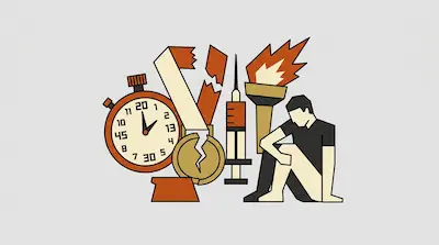 A stopwatch, a broken medal, a syringe, and a flaming torch are grouped next to a person sitting with their head down.