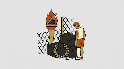 A person in athletic attire stands with their head bowed next to three black blocks, a laurel wreath, and a lit torch against a chain-link fence background.