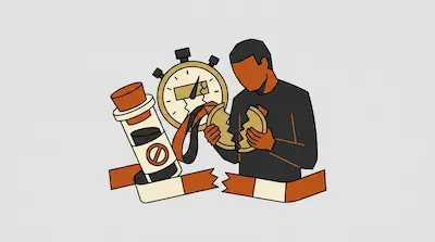 A person holds a broken medal next to a cracked stopwatch, a vial with a prohibition symbol, and a torn finish line ribbon.