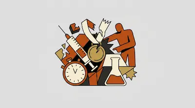 A stylized graphic featuring a syringe, a stopwatch, a beaker, and a figure pointing at a broken medal.