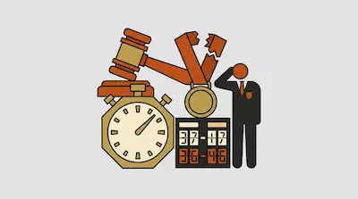 A graphic featuring a judge's gavel, a broken medal, a stopwatch, a scoreboard, and a person in a suit.