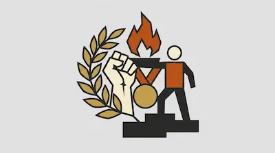 A laurel wreath, a raised fist, a flaming torch, a medal, and a figure standing on a podium.
