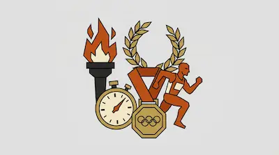 A torch, stopwatch, laurel wreath, gold medal with rings, and a running athlete are grouped together.