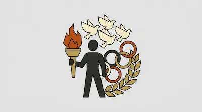 A black figure holds a flaming torch, surrounded by four doves, five interlocking rings, and a laurel branch.