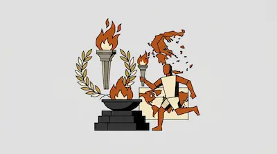 A stylized figure runs with a torch past a laurel wreath, a large torch, and a flaming cauldron against a world map.