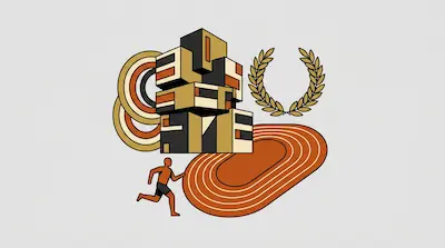 A stylized graphic featuring a geometric building, a laurel wreath, a running track, and a person running.