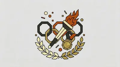 Five interlocking rings, a flaming torch across them, a medal on a ribbon below, and a laurel wreath curving underneath.