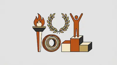 A flaming torch, a laurel wreath, concentric circles, and a person standing on a three-tiered podium with arms raised.