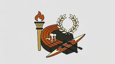 An Olympic torch, a running track with a sprinter, a laurel wreath, and a rowing boat.