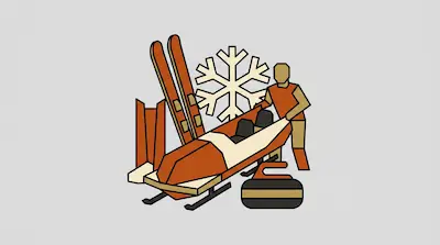 Stylized winter sports equipment including skis, a bobsled, and a curling stone are arranged in front of a large snowflake and a human figure.