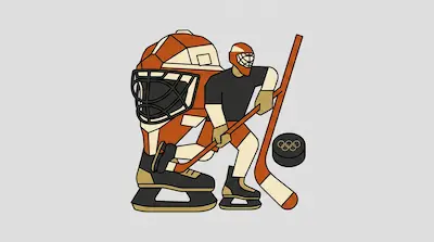 A hockey player, a large goalie mask, skates, and a puck with the Olympic rings in a stylized, geometric design.