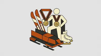 A person wearing two gold medals stands among winter sports equipment, including a bobsled, skis, and ice skates.