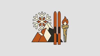 A snowflake, mountains, a pair of skis, and a torch.