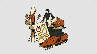 Stylized winter sports equipment including skis, ice skates, and a bobsled arranged around an athlete holding a map.
