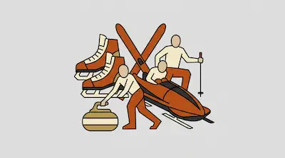 Stylized figures and equipment for winter sports, including ice skates, skis, a bobsled, and a curling stone.