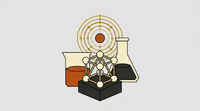 A Bohr model of an atom, a beaker, an Erlenmeyer flask, and a molecular structure model are grouped together.