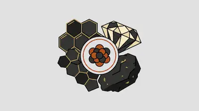 A central circle containing a cluster of orange and black spheres is surrounded by a honeycomb pattern, a faceted diamond, and a dark, irregular rock.
