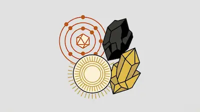 A graphic featuring an orange diagram of concentric circles, a black rock, a stylized sun, and yellow crystals.