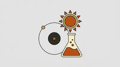 A stylized atom, a sun, and a laboratory flask containing orange liquid.
