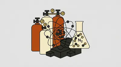 Gas cylinders, an atom model, and a laboratory flask containing nitrogen molecules.