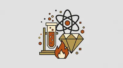 A test tube with bubbles on a stand, an atom symbol with orbiting rings, a flame, and a faceted gemstone grouped together.
