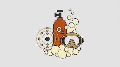 An orange oxygen tank labeled O2, a scuba mask, and an atomic model surrounded by bubbles.