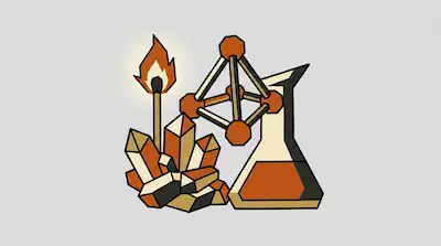 Flat illustration of a lit match, orange crystals, a molecular model, and a laboratory flask on a gray background