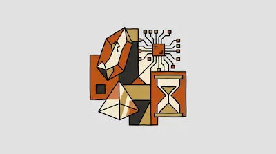 Flat illustration of a cracked crystal, a circuit board, and an hourglass in orange and tan tones on a gray background