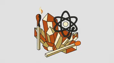 A cluster of orange crystals with a burnt match, an unlit match, and a black atom symbol.
