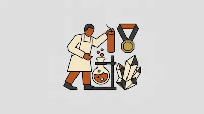 A person in a lab coat holds a stick of dynamite near a bubbling flask, a medal, and a cluster of crystals.
